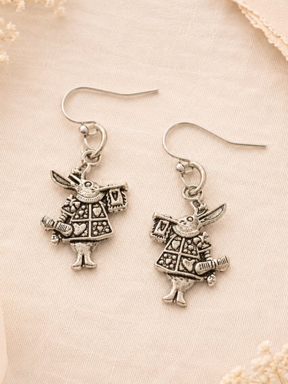 White Rabbit Dangle Earrings Antiqued Silver Wonderland Inspired